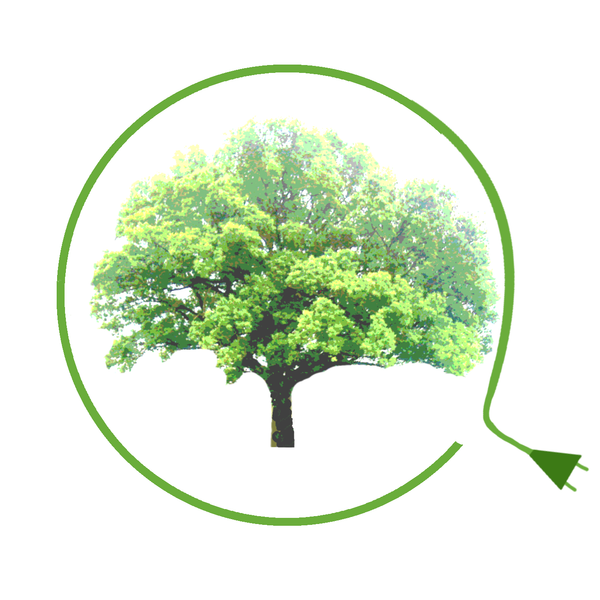 KI generiert: Ein Baum in einem grünen Kreis mit einem Kabel, das auf Umweltfreundlichkeit hinweist.