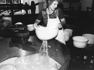 1980  In den ersten Jahren fertigten wir traditionellen Bauernkäse aus Rohmilch. Janny war die „Käsefrau“ und stellte sich unermüdlich der harten Arbeit.