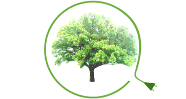 KI generiert: Ein Baum in einem grünen Kreis mit einem Stecker; symbolisiert Nachhaltigkeit.