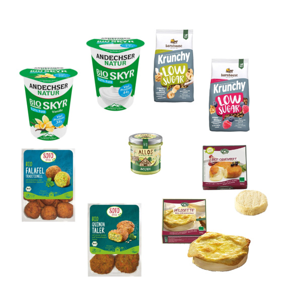 KI generiert: Das Bild zeigt verschiedene Bio-Lebensmittelprodukte, darunter Joghurt und Snacks.