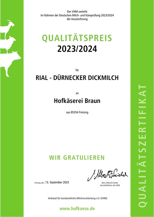 Hofkäsepreis Qualität Dickmilch