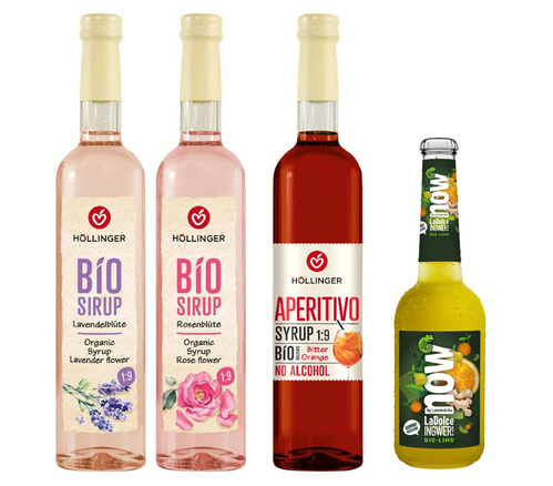 KI generiert: Verschiedene Bio-Sirupflaschen von Höllinger, inklusive Lavendel, Rosenblüte und Aperitivo.