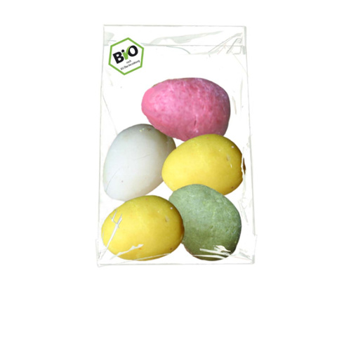 KI generiert: Bunte Eier in einer durchsichtigen Verpackung mit einem Bio-Siegel oben links.