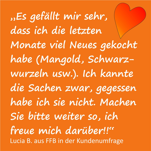 KI generiert: Kundenfeedback über das Kochen neuer Rezepte mit Mangold und Schwarzwurzeln, dazu ein Herz: „Es gefällt mir sehr...“
