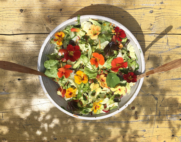 KI generiert: Ein bunter Salat mit essbaren Blüten in einer Schüssel auf einem Holztisch.
