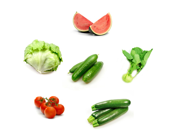 KI generiert: Verschiedene Obst- und Gemüsesorten: Wassermelone, Salat, Tomaten, Gurken, Zucchini, Kohlrabi.
