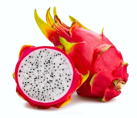 KI generiert: Zwei Drachenfrüchte, eine halbiert, zeigen weißes Fruchtfleisch mit schwarzen Samen. Text: "AmperhofÖkokiste".