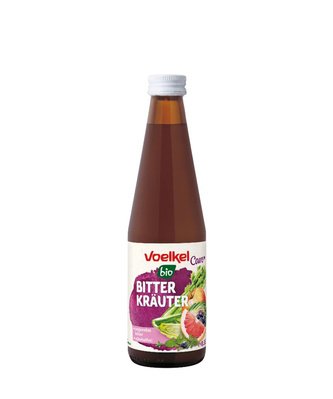 KI generiert: Braune Flasche mit Etikett "Voelkel Bio Bitter Kräuter".