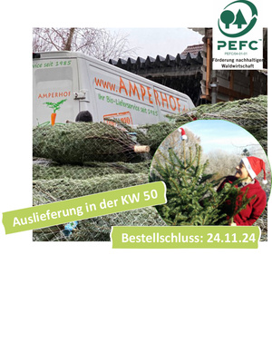 KI generiert: Das Bild zeigt einen Lieferwagen von Amperhof, der mit Weihnachtsbäumen beladen ist, und einen Mann mit Weihnachtsmütze, der einen Baum trägt. Es informiert über die Auslieferung von Weihnachtsbäumen in Kalenderwoche 50 und den Bestellschluss am 24.11.24.