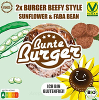 KI generiert: Das Bild zeigt eine vegane Burger-Verpackung von "Bunte Burger", die aus Sonnenblumen und Ackerbohnen besteht und glutenfrei ist. Es enthält bunte Illustrationen von Sonnenblumen und Ackerbohnen sowie verschiedene Zertifizierungen und Angaben zur Ernährungsbewertung.