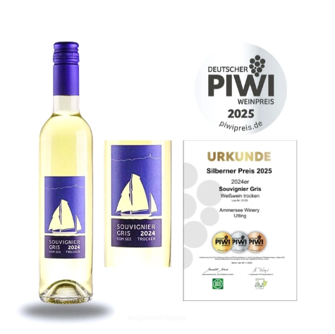 KI generiert: Weinflasche "Souvignier Gris 2024", Urkunde des Silbernen Preises 2025 für Ampersee Winery, PIWI-Weinpreis.