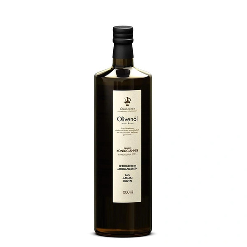 KI generiert: Dunkle Glasflasche Olivenöl (1000ml), Text: „Ölmönchen, Olivenöl Nativ Extra, Ernte 2023, aus Manaki Oliven“.