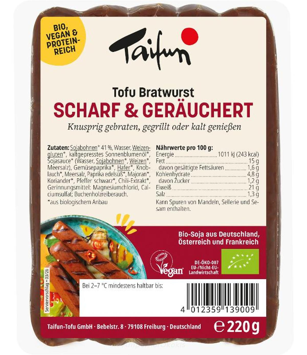 Tofu Brat-und Grillwurst scharf& geräuchert 220g