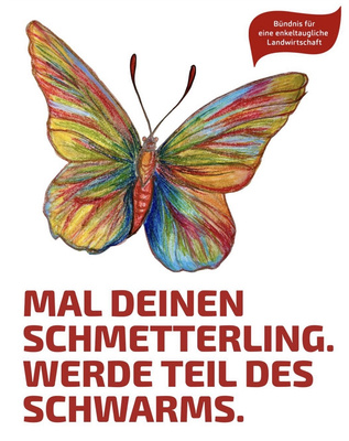 KI generiert: Ein bunter Schmetterling mit Text: "MAL DEINEN SCHMETTERLING. WERDE TEIL DES SCHWARMS."