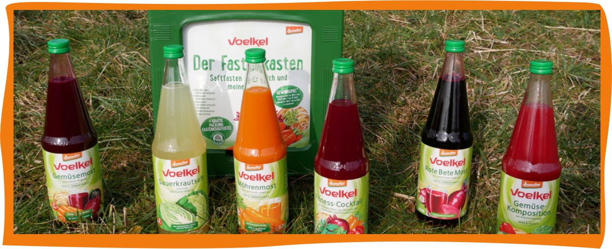 KI generiert: Sechs Voelkel-Säfte stehen auf Gras. Text: "Der Fastenkasten".