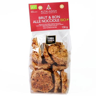 KI generiert: Verpackung mit Haselnussgebäck "Brut & Bon alle Nocciole Bio". Bio-Produkt, glutenfrei, 130g.