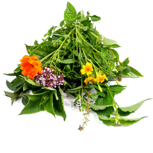 KI generiert: Ein Strauß aus bunten, frischen Kräutern und Blüten auf weißem Hintergrund.