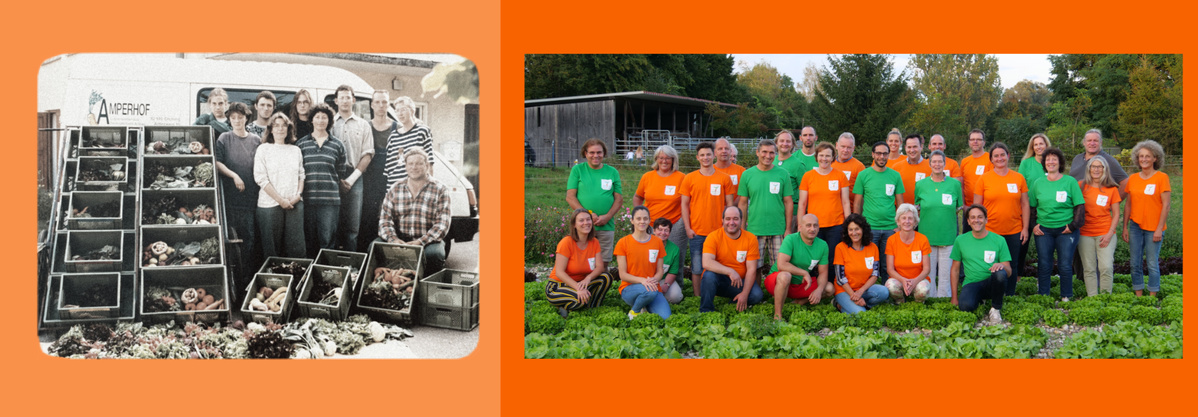 KI generiert: Das Bild zeigt zwei Gruppen von Menschen. Links: Alte Foto mit Gemüse. Rechts: Moderne Gruppe im Freien.