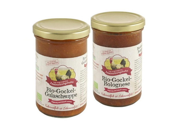 Gockel-Gulaschsuppe und Gockel-Bolognese vom Zweinutzungshuhn 400ml im Glas