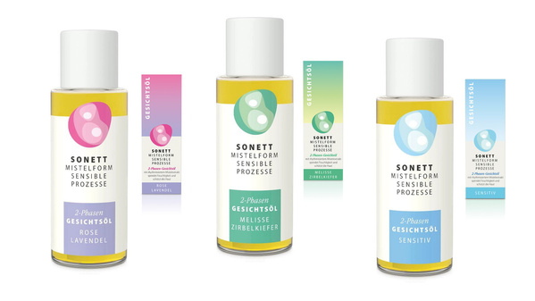 KI generiert: Drei Sonett 2-Phasen Gesichtsöle: Rose Lavendel, Melisse Zirbelkiefer, Sensitiv, mit passenden Verpackungen.