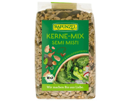 KI generiert: Verpackung mit der Aufschrift: "Rapunzel Kerne-Mix Semi Misti". Enthält verschiedene Kerne. "Wir machen Bio aus Liebe."