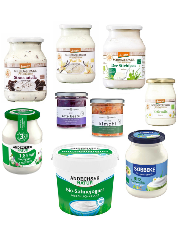 KI generiert: Das Bild zeigt verschiedene Bio-Molkereiprodukte und Sauerkonserven von Marken wie Schrozberger, Andechser und Söbbeke.